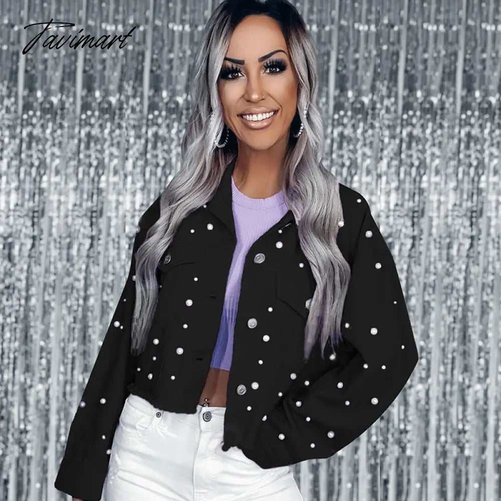 Streetwear Pearls Spring Jacket For Women Casual 5 Color Long Sleeve Cropped Coat Chic Winter Outerwear
