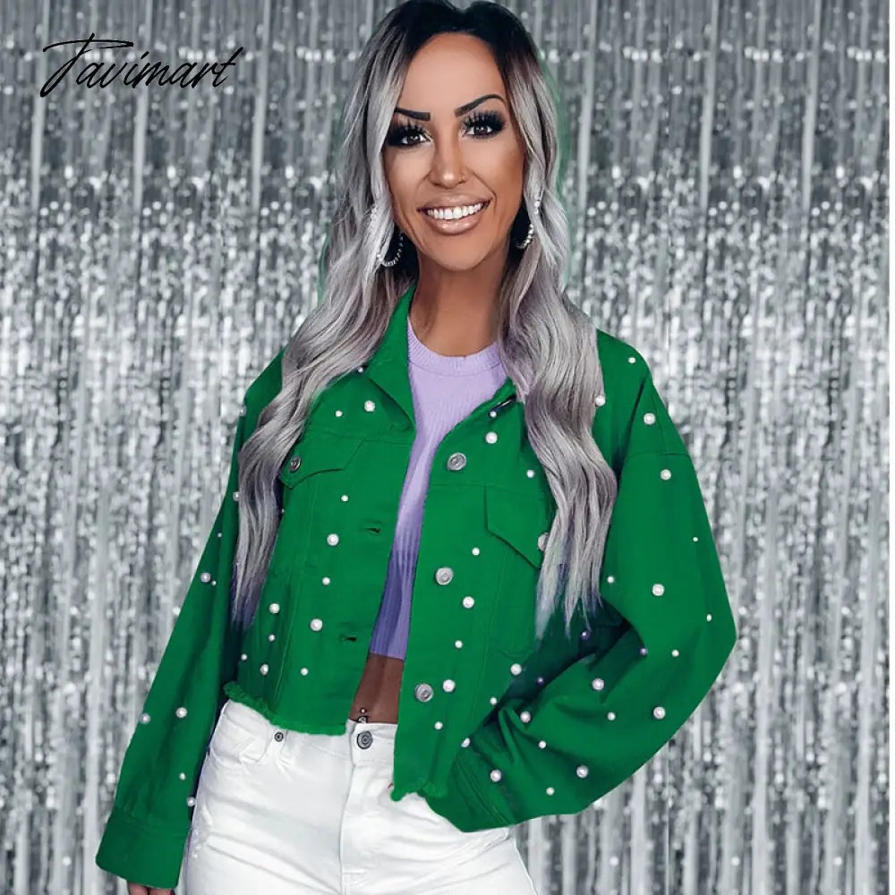 Streetwear Pearls Spring Jacket For Women Casual 5 Color Long Sleeve Cropped Coat Chic Winter Outerwear