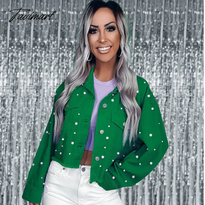 Streetwear Pearls Spring Jacket For Women Casual 5 Color Long Sleeve Cropped Coat Chic Winter Outerwear