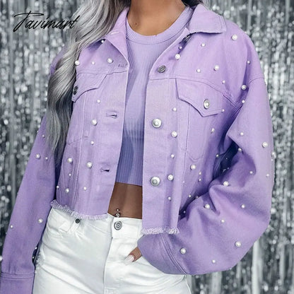 Streetwear Pearls Spring Jacket For Women Casual 5 Color Long Sleeve Cropped Coat Chic Winter Outerwear