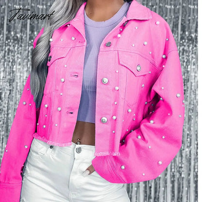 Streetwear Pearls Spring Jacket For Women Casual 5 Color Long Sleeve Cropped Coat Chic Winter Outerwear