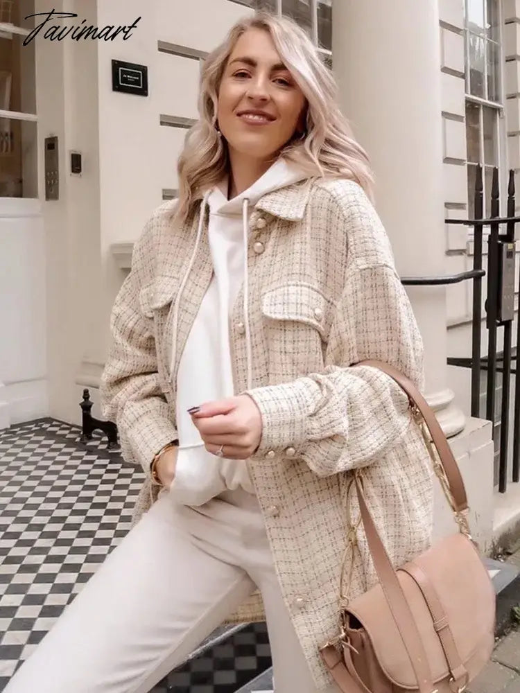 Stylish Chic Turn-down Collar Pockets Jacket Women Vintage Small Fragrance Tweed Coat Spring Autumn Casual Outwear For Women
