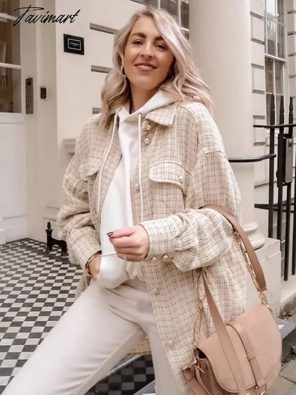 Stylish Chic Turn-down Collar Pockets Jacket Women Vintage Small Fragrance Tweed Coat Spring Autumn Casual Outwear For Women