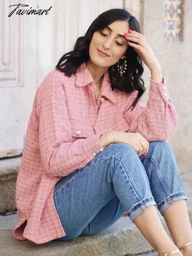 Stylish Chic Turn-down Collar Pockets Jacket Women Vintage Small Fragrance Tweed Coat Spring Autumn Casual Outwear For Women