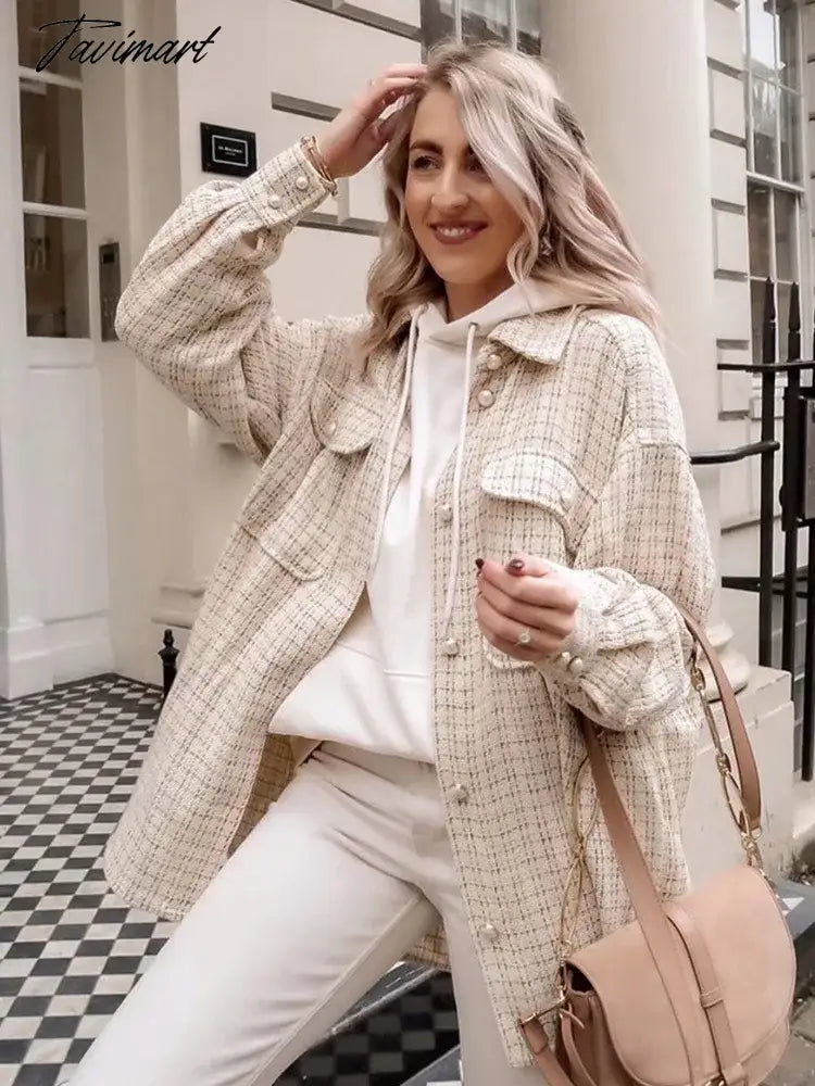 Stylish Chic Turn-down Collar Pockets Jacket Women Vintage Small Fragrance Tweed Coat Spring Autumn Casual Outwear For Women