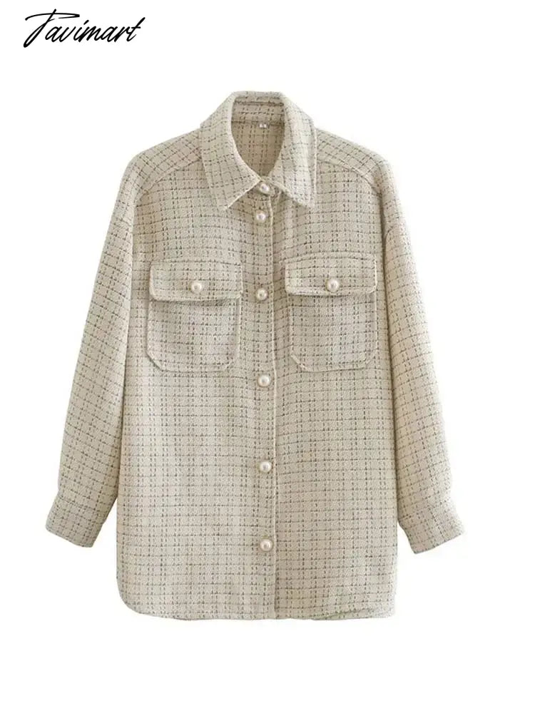 Stylish Chic Turn-down Collar Pockets Jacket Women Vintage Small Fragrance Tweed Coat Spring Autumn Casual Outwear For Women