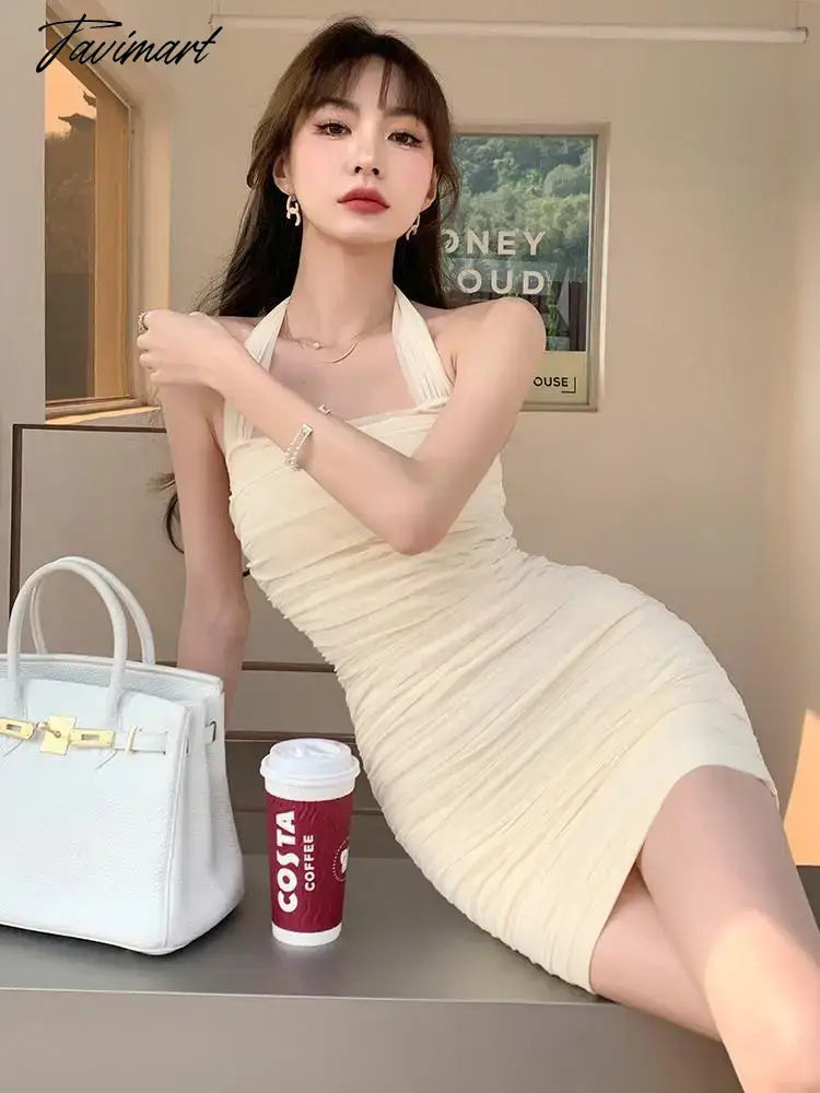 Summer Beige Backless Mesh Pleated Halter Zipper Mini Dress Women Elegant Lady Beach Holiday Club Party Wrapped Hip Dresses Chic