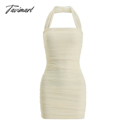 Summer Beige Backless Mesh Pleated Halter Zipper Mini Dress Women Elegant Lady Beach Holiday Club Party Wrapped Hip Dresses Chic
