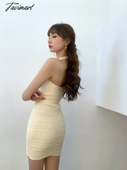 Summer Beige Backless Mesh Pleated Halter Zipper Mini Dress Women Elegant Lady Beach Holiday Club Party Wrapped Hip Dresses Chic
