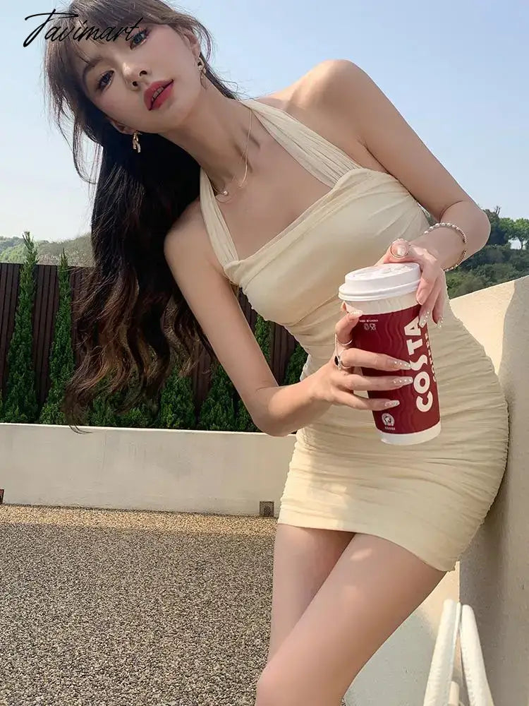 Summer Beige Backless Mesh Pleated Halter Zipper Mini Dress Women Elegant Lady Beach Holiday Club Party Wrapped Hip Dresses Chic