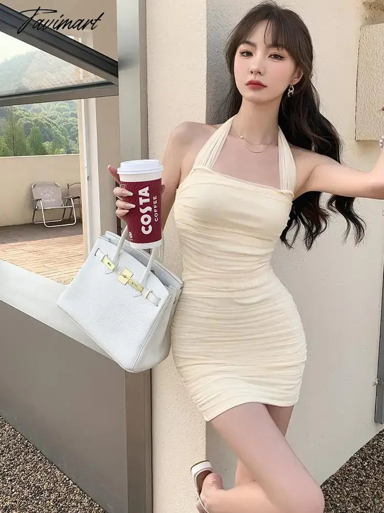 Summer Beige Backless Mesh Pleated Halter Zipper Mini Dress Women Elegant Lady Beach Holiday Club Party Wrapped Hip Dresses Chic