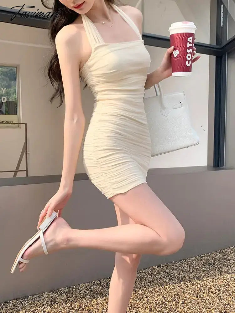 Summer Beige Backless Mesh Pleated Halter Zipper Mini Dress Women Elegant Lady Beach Holiday Club Party Wrapped Hip Dresses Chic