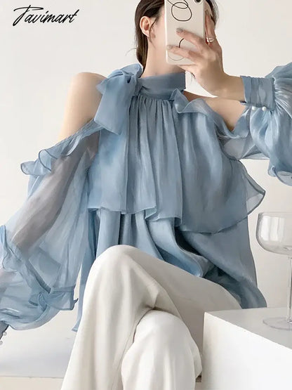 Summer Blouse Women Blue Chic Off Shoulder Tops Female Vintage Fashion Bow Shirt Ladies Elegant Loose Ruffle Blusas Para Mujer
