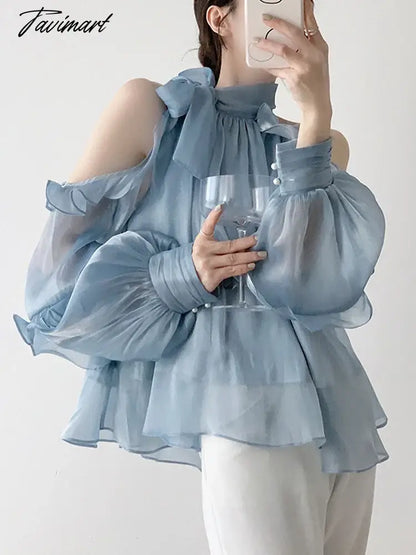 Summer Blouse Women Blue Chic Off Shoulder Tops Female Vintage Fashion Bow Shirt Ladies Elegant Loose Ruffle Blusas Para Mujer
