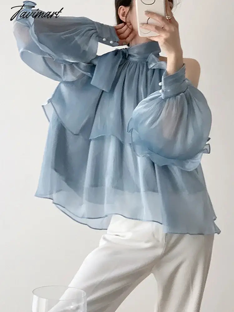 Summer Blouse Women Blue Chic Off Shoulder Tops Female Vintage Fashion Bow Shirt Ladies Elegant Loose Ruffle Blusas Para Mujer