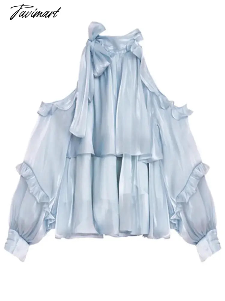 Summer Blouse Women Blue Chic Off Shoulder Tops Female Vintage Fashion Bow Shirt Ladies Elegant Loose Ruffle Blusas Para Mujer