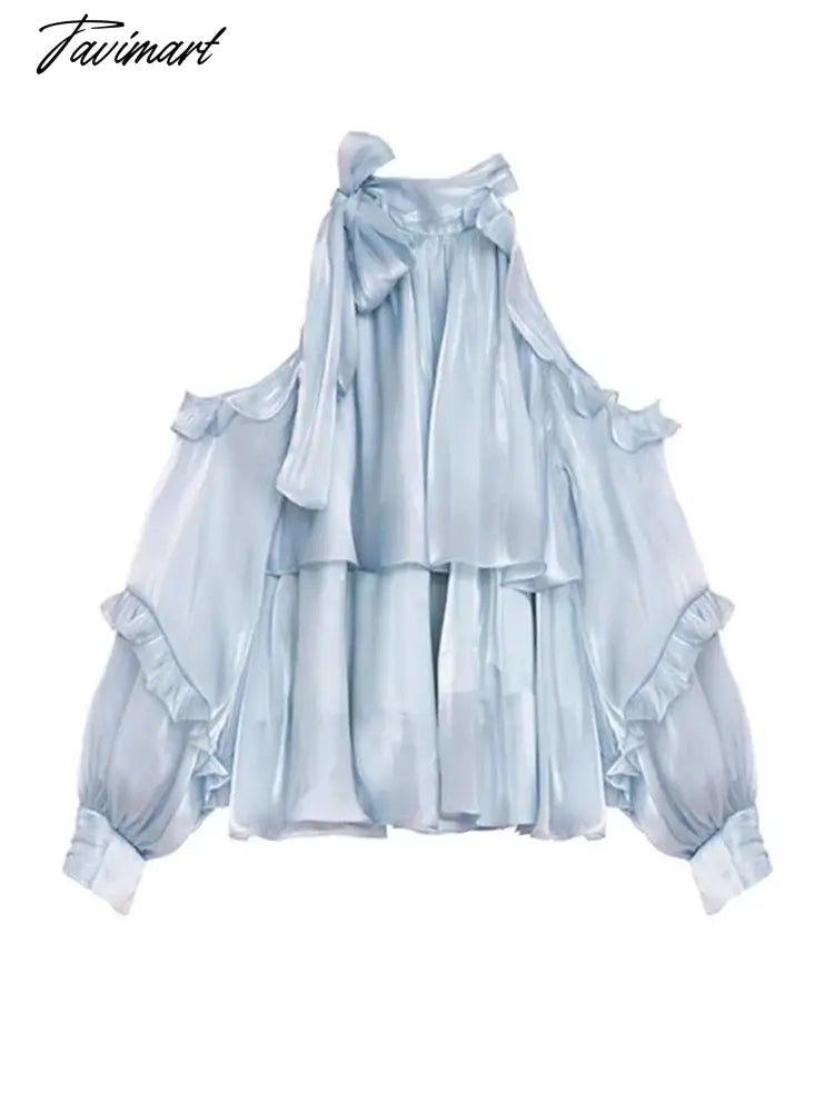 Summer Blouse Women Blue Chic Off Shoulder Tops Female Vintage Fashion Bow Shirt Ladies Elegant Loose Ruffle Blusas Para Mujer