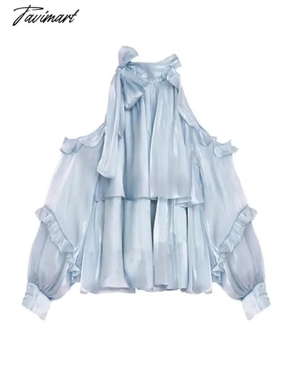 Summer Blouse Women Blue Chic Off Shoulder Tops Female Vintage Fashion Bow Shirt Ladies Elegant Loose Ruffle Blusas Para Mujer