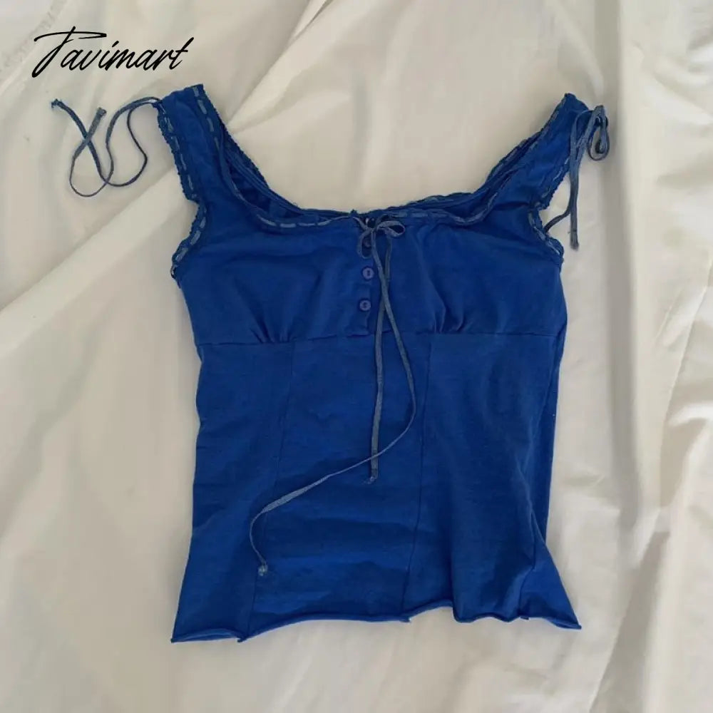 Summer Blue Milkmaid Tank Top Tie Up Ribbons Lace Trim Sleeveless Crop Tops 90s Vintage Beach Holiday Camis Vest Y2K Clothes