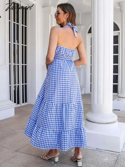 Summer Boho Plaid Dress Women Halter Backless Sexy Dress Beach V Neck Long Party Dresses for Women