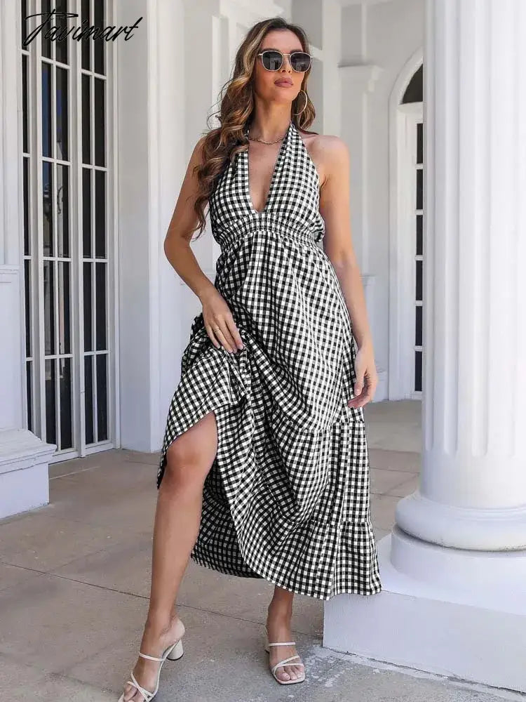 Summer Boho Plaid Dress Women Halter Backless Sexy Dress Beach V Neck Long Party Dresses for Women