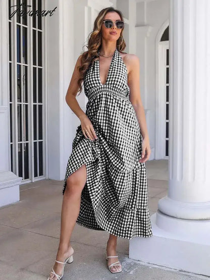 Summer Boho Plaid Dress Women Halter Backless Sexy Dress Beach V Neck Long Party Dresses for Women