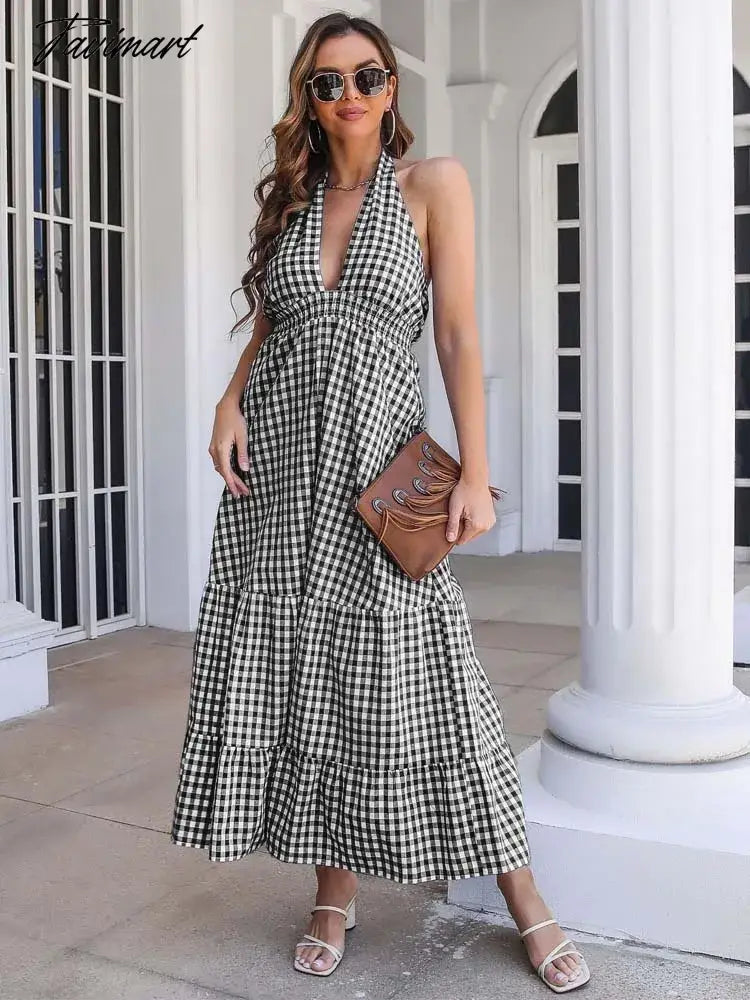 Summer Boho Plaid Dress Women Halter Backless Sexy Dress Beach V Neck Long Party Dresses for Women
