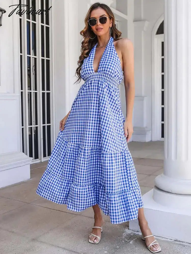 Summer Boho Plaid Dress Women Halter Backless Sexy Dress Beach V Neck Long Party Dresses for Women