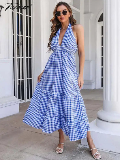 Summer Boho Plaid Dress Women Halter Backless Sexy Dress Beach V Neck Long Party Dresses for Women