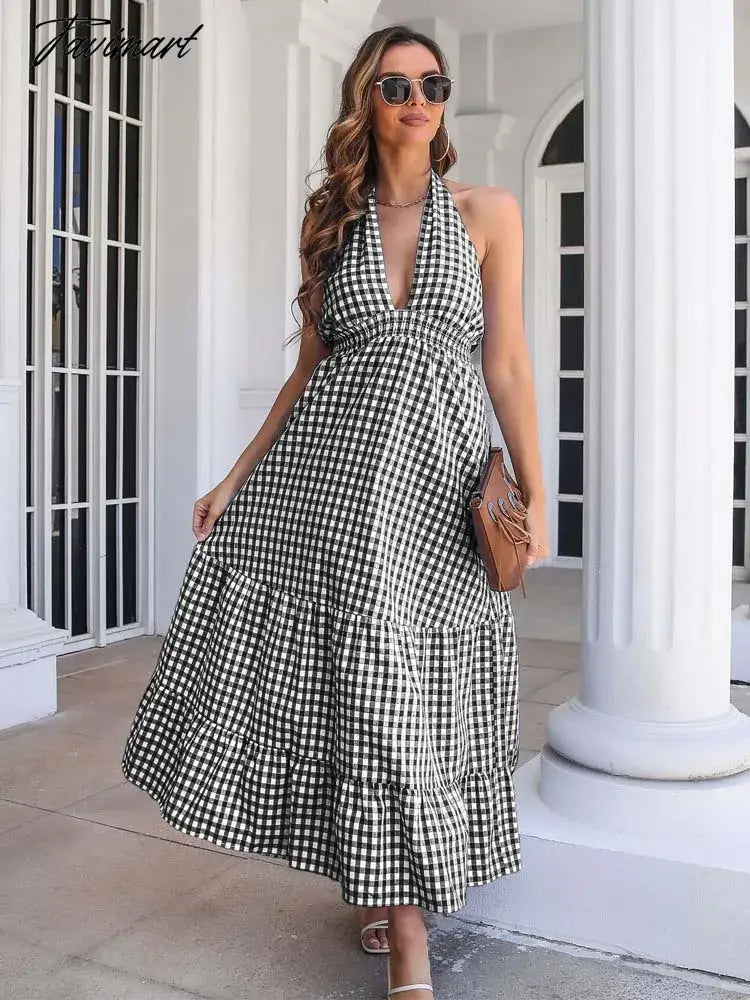 Summer Boho Plaid Dress Women Halter Backless Sexy Dress Beach V Neck Long Party Dresses for Women