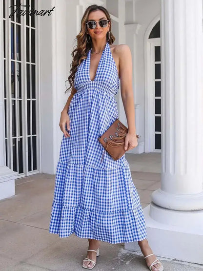 Summer Boho Plaid Dress Women Halter Backless Sexy Dress Beach V Neck Long Party Dresses for Women