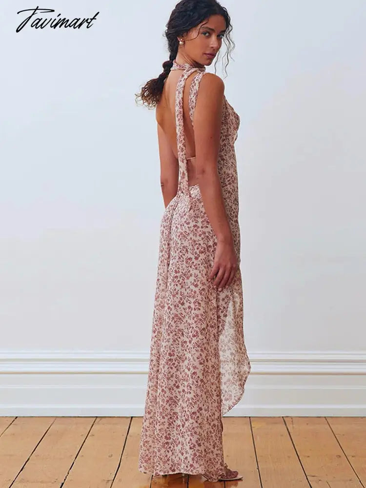 Summer Chiffon Long Printed Dress Women's Sling Floral Sexy Backless Slit Strap Dress Elegant Vacation Perspective Dresses