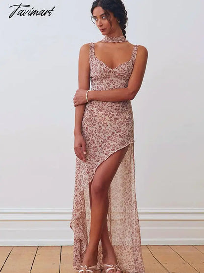Summer Chiffon Long Printed Dress Women's Sling Floral Sexy Backless Slit Strap Dress Elegant Vacation Perspective Dresses