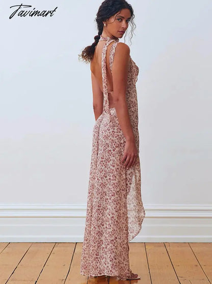 Summer Chiffon Long Printed Dress Women's Sling Floral Sexy Backless Slit Strap Dress Elegant Vacation Perspective Dresses
