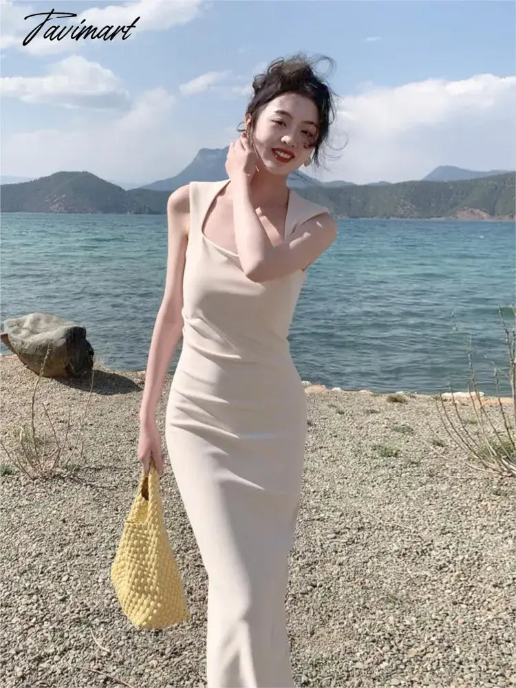 Summer Classic Solid Color Elegant Dress Women's New Slim-fit Slimming Sleeveless Sexy Hip Long Dress