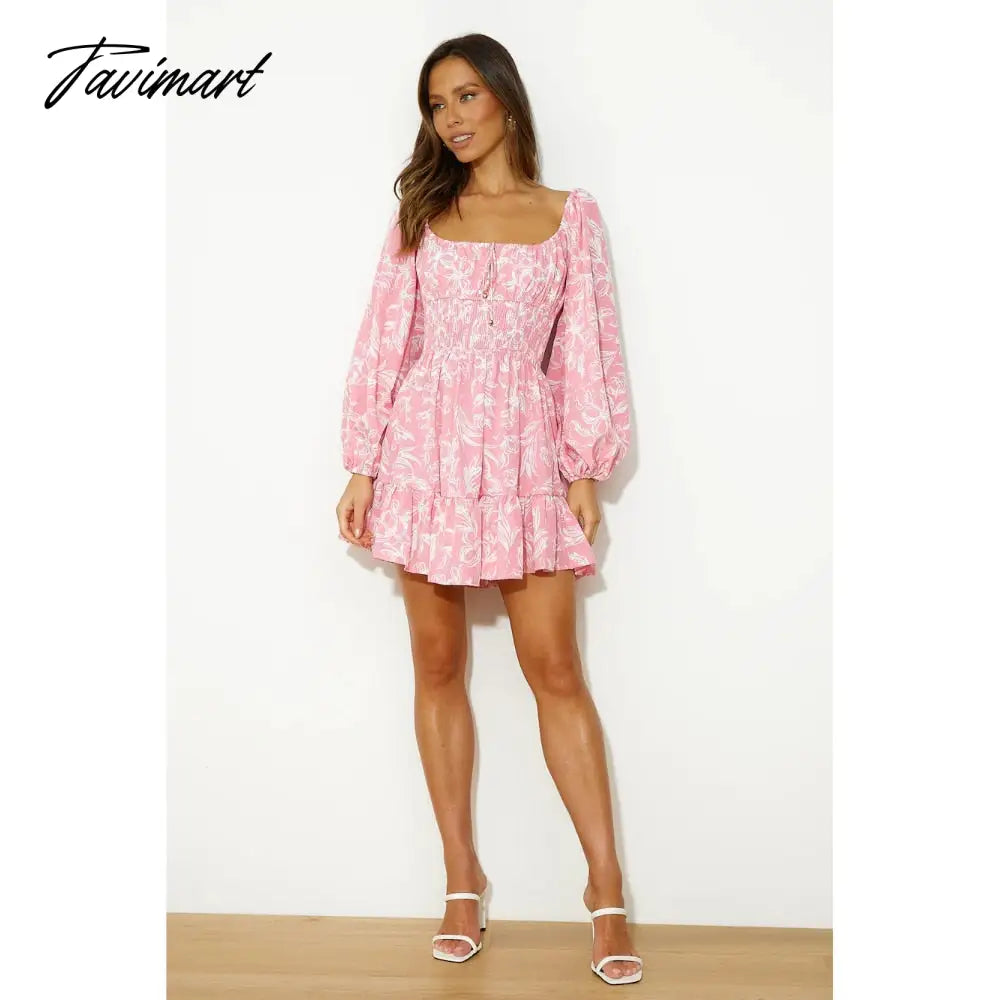 Summer Dress, Spring and Summer Women's Printed Long Sleeved Square Neck Tie Up Dress Sleeveless Derss