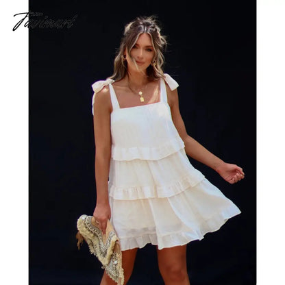Summer Dress,Spring/Summer Women's Solid Color Lace Up Layered Open Back Dress for Spring and Summer Wear