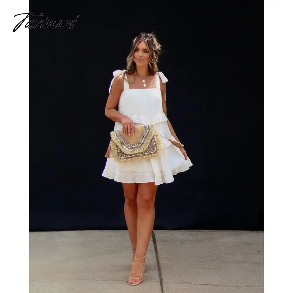 Summer Dress,Spring/Summer Women's Solid Color Lace Up Layered Open Back Dress for Spring and Summer Wear