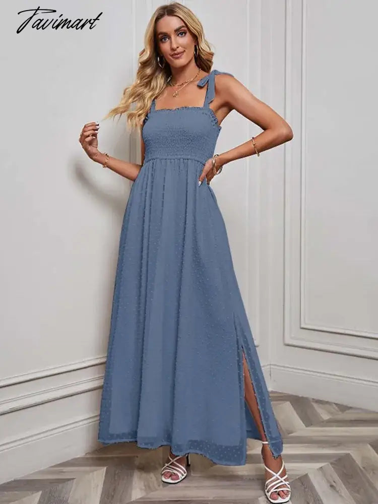 Summer Elegant Party Dress Women Strap Sexy Dots Slit Dresses Sleeveless Maxi Long Dress Ladies