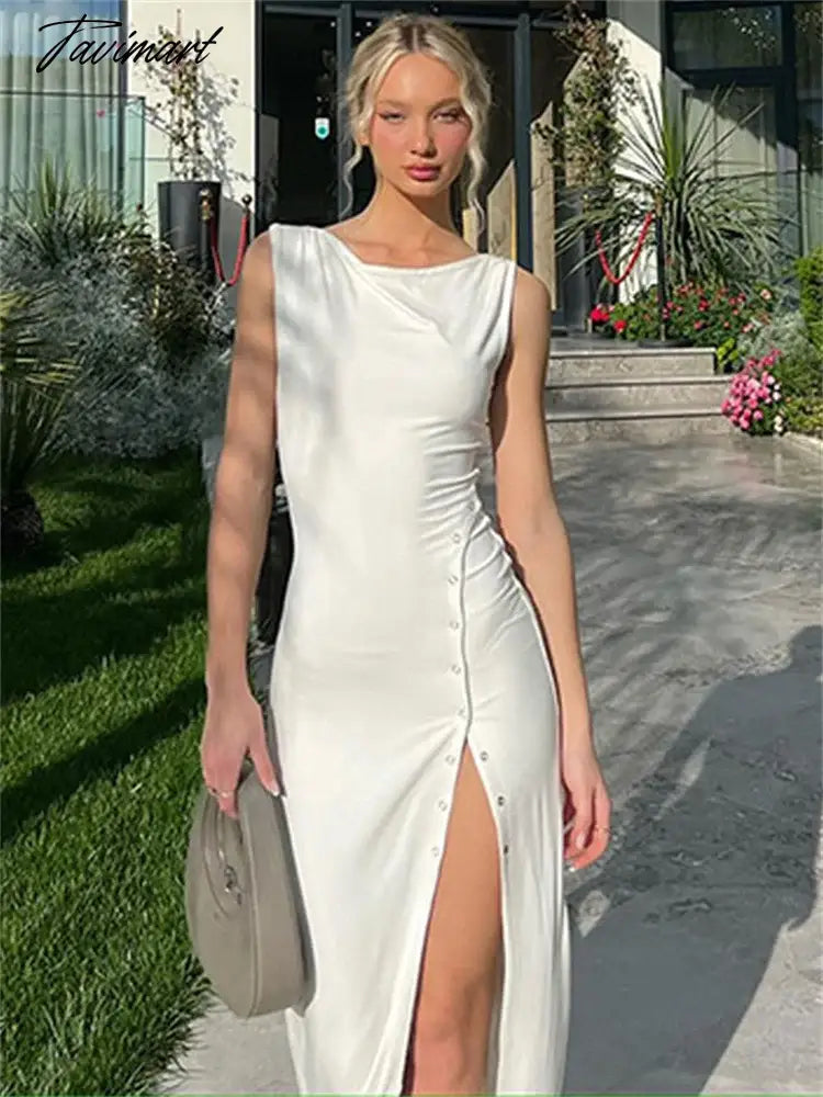 Summer Elegant White Maxi Dress High Waist Sleeveless Patchwork Women's Party Dress High Split Solid Fashion Women Dress