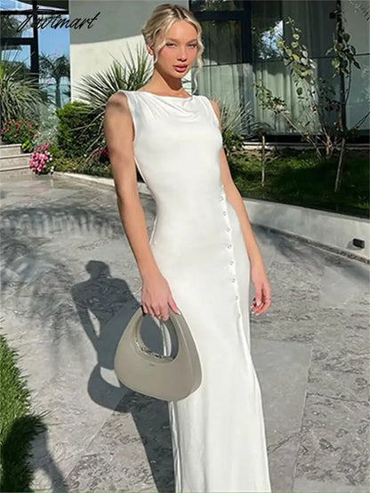Summer Elegant White Maxi Dress High Waist Sleeveless Patchwork Women's Party Dress High Split Solid Fashion Women Dress