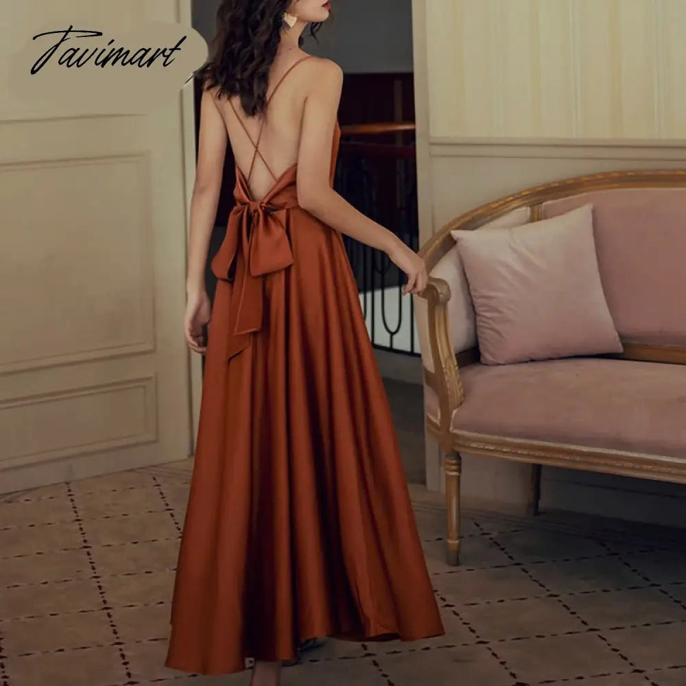 Summer Elegant Women Silk Party Dress Spaghetti Strap Bow Sexy Backless Long Satin Dress