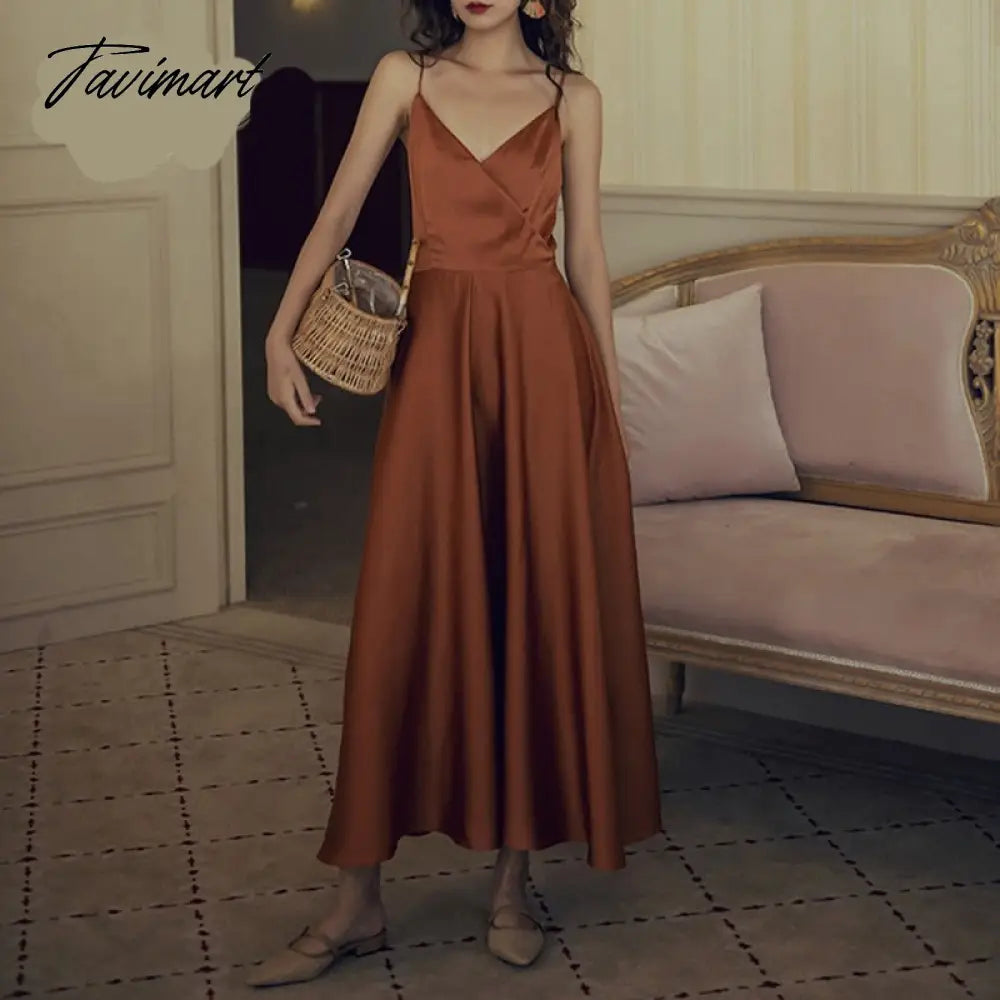 Summer Elegant Women Silk Party Dress Spaghetti Strap Bow Sexy Backless Long Satin Dress