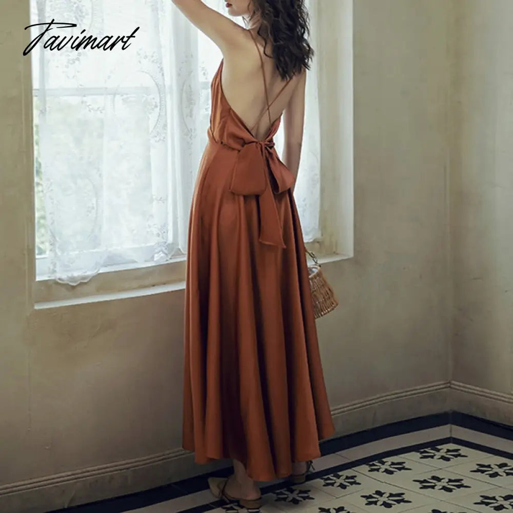 Summer Elegant Women Silk Party Dress Spaghetti Strap Bow Sexy Backless Long Satin Dress