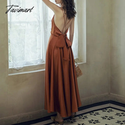 Summer Elegant Women Silk Party Dress Spaghetti Strap Bow Sexy Backless Long Satin Dress