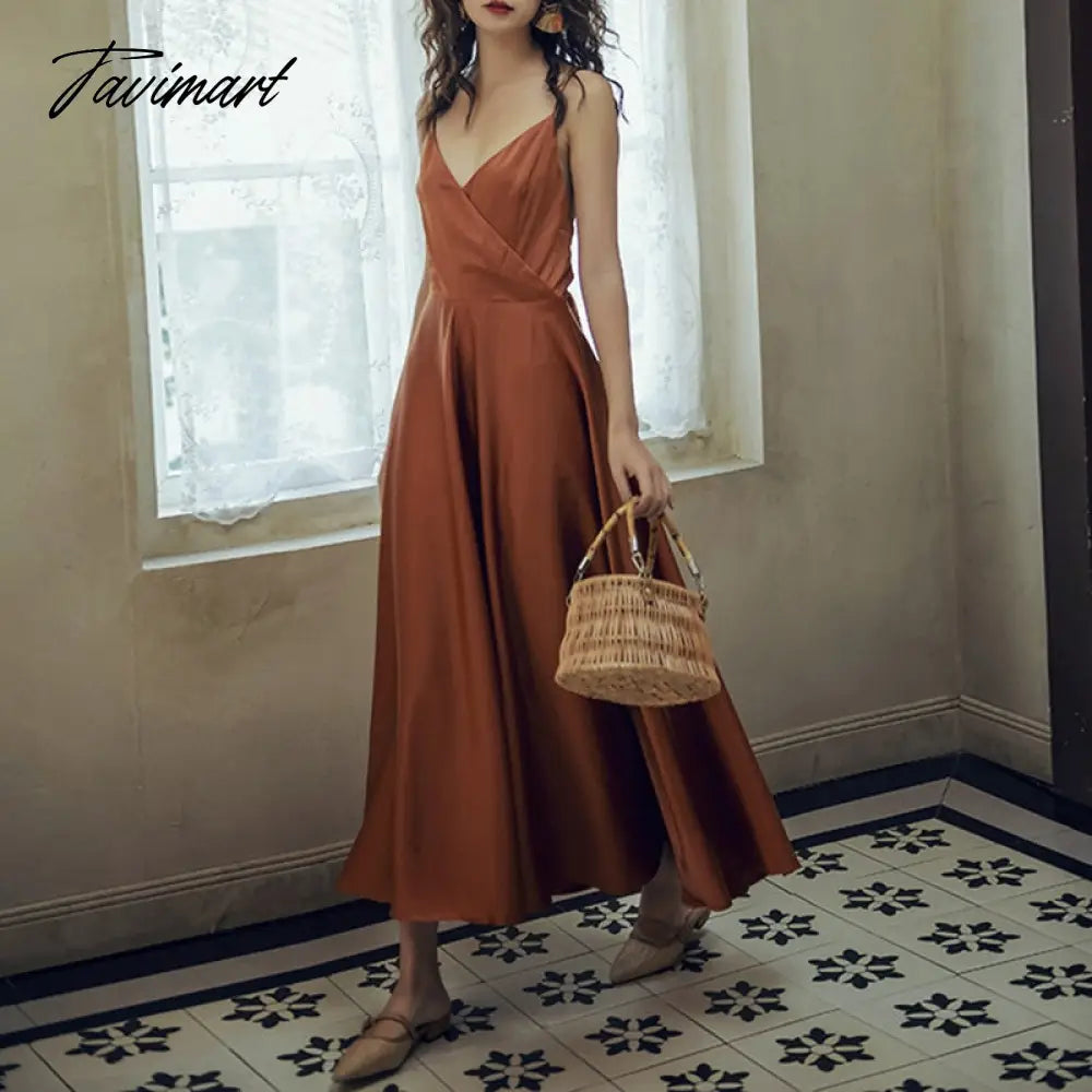 Summer Elegant Women Silk Party Dress Spaghetti Strap Bow Sexy Backless Long Satin Dress