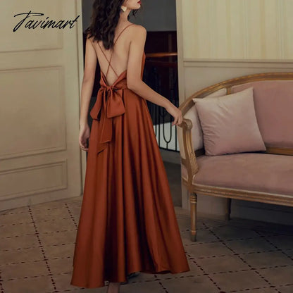 Summer Elegant Women Silk Party Dress Spaghetti Strap Bow Sexy Backless Long Satin Dress