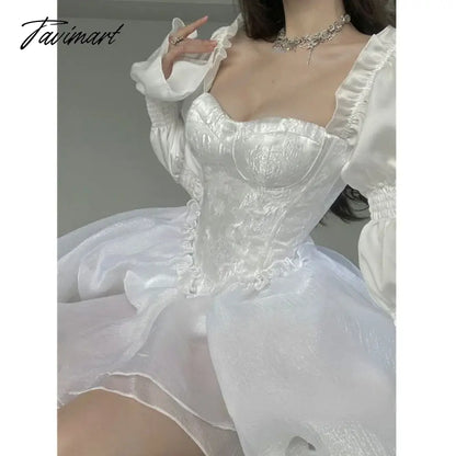 Summer Fairy Long Sleeve Even Party Dress Woman White French Elegant Midi Dress Casual One Piece Dress Korean Fashion
