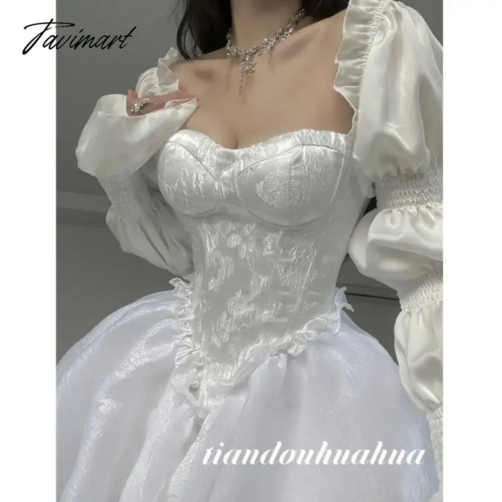 Summer Fairy Long Sleeve Even Party Dress Woman White French Elegant Midi Dress Casual One Piece Dress Korean Fashion
