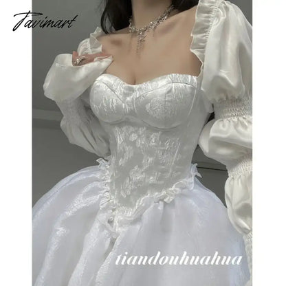Summer Fairy Long Sleeve Even Party Dress Woman White French Elegant Midi Dress Casual One Piece Dress Korean Fashion